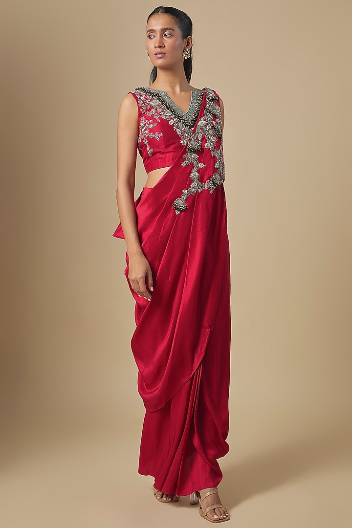 Cherry Red Silk Thread Embroidered Drape Skirt Set by Prisho at Pernia's Pop Up Shop