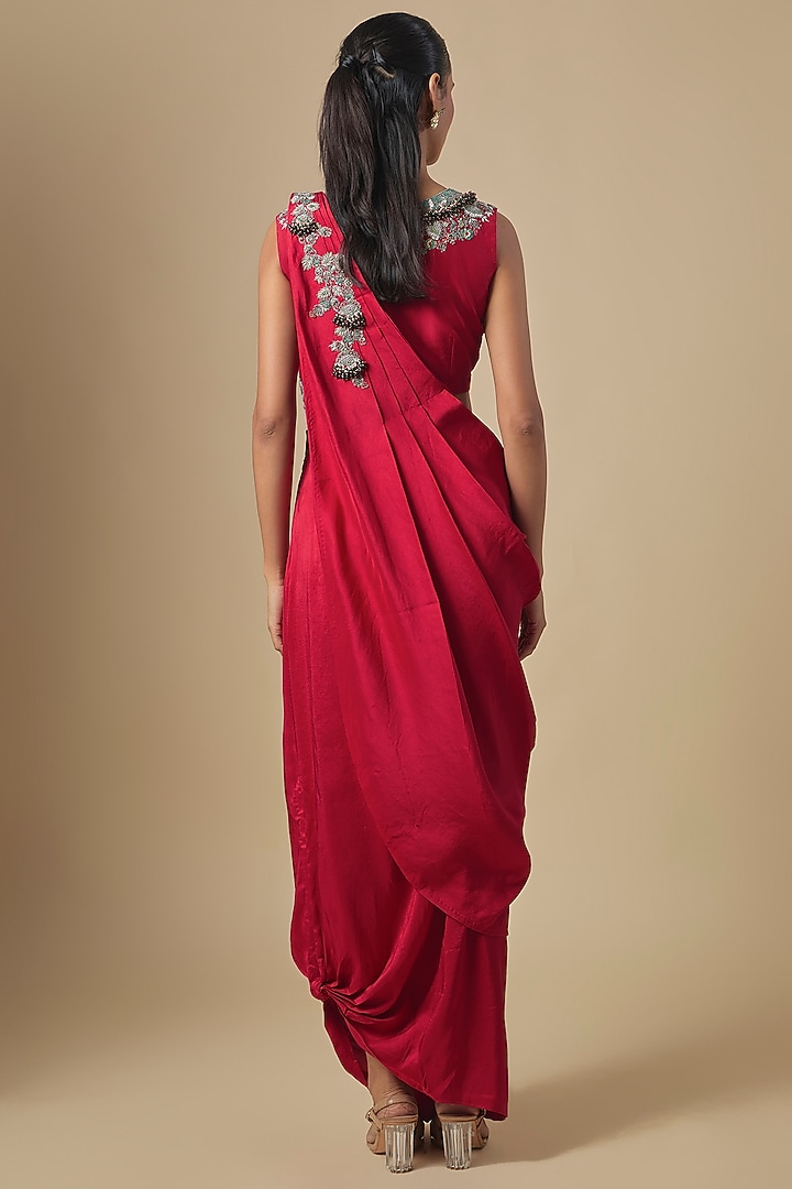 Cherry Red Silk Thread Embroidered Drape Skirt Set by Prisho at Pernia's Pop Up Shop