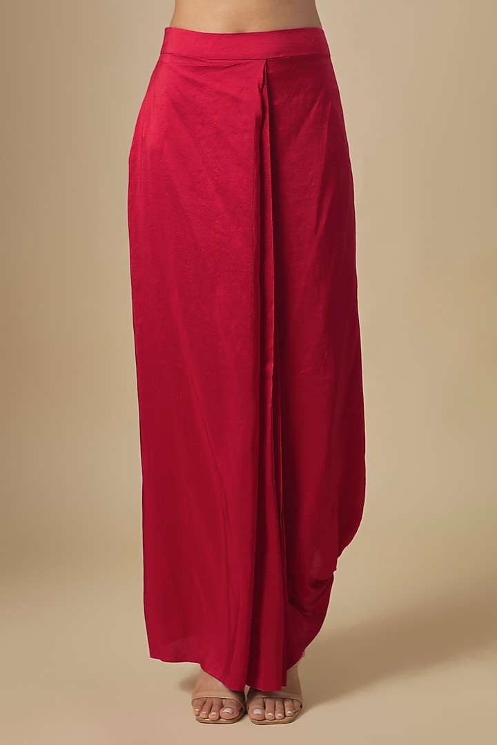 Cherry Red Silk Thread Embroidered Drape Skirt Set by Prisho at Pernia's Pop Up Shop