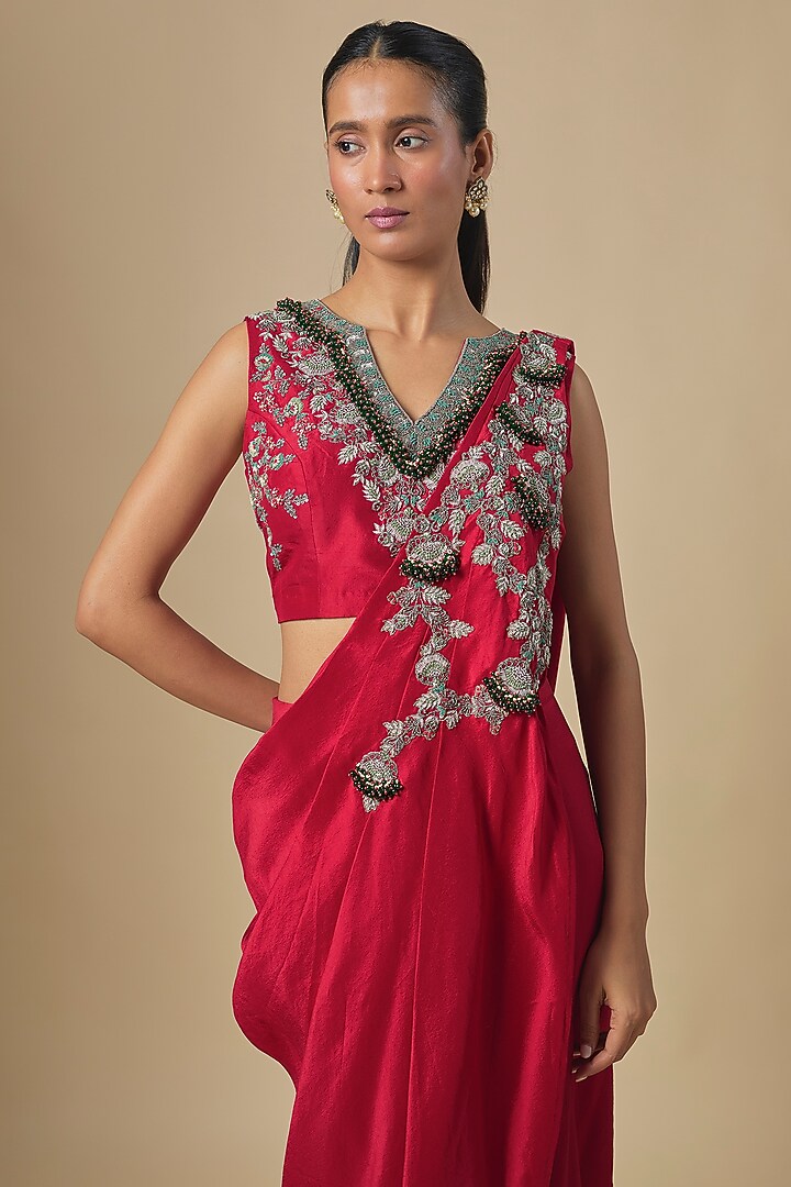 Cherry Red Silk Thread Embroidered Drape Skirt Set by Prisho at Pernia's Pop Up Shop