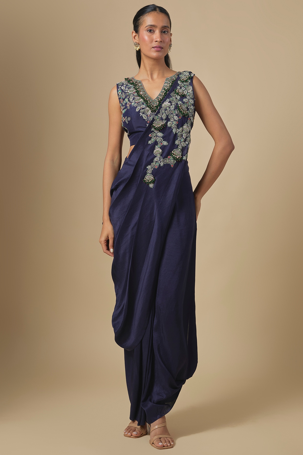 Prisho Midnight Blue Silk Thread Embroidered Drape Skirt Set