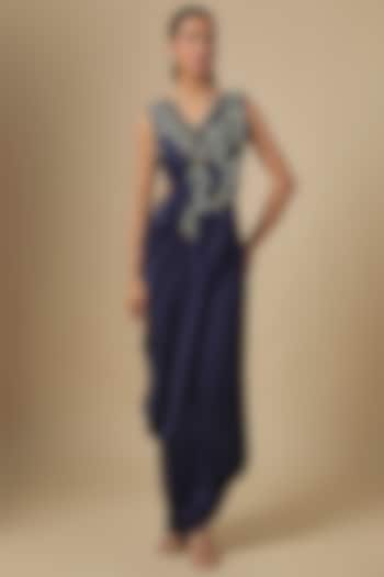 Midnight Blue Silk Thread Embroidered Drape Skirt Set by Prisho at Pernia's Pop Up Shop