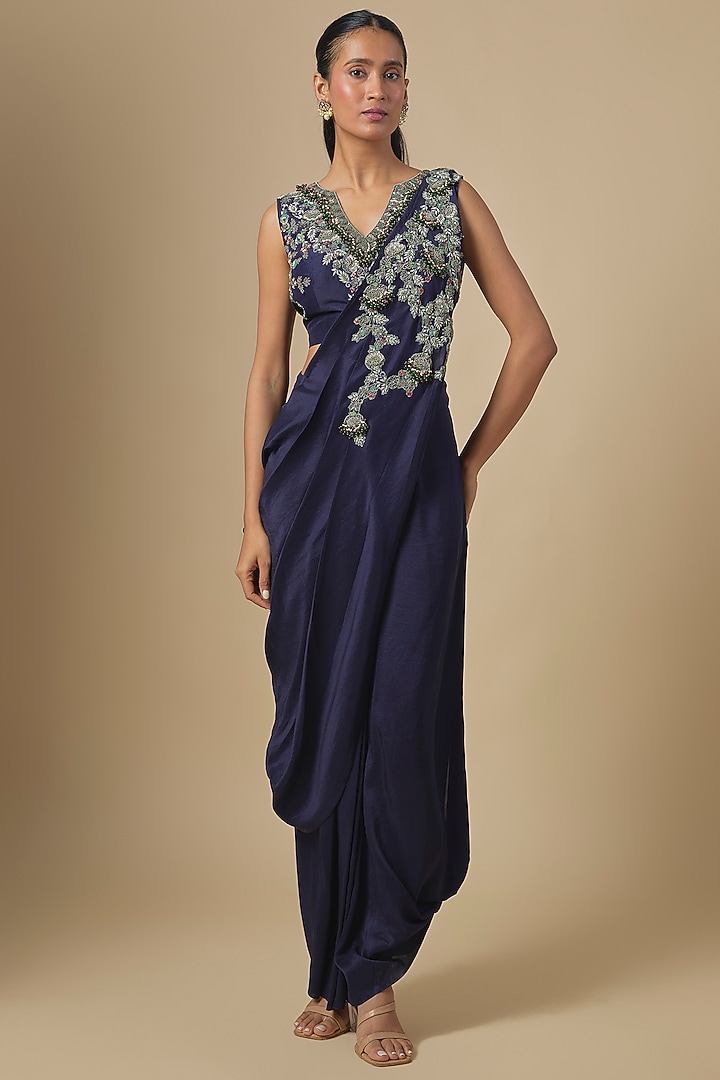 Midnight Blue Silk Thread Embroidered Drape Skirt Set by Prisho at Pernia's Pop Up Shop