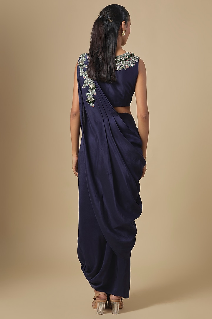 Midnight Blue Silk Thread Embroidered Drape Skirt Set by Prisho at Pernia's Pop Up Shop