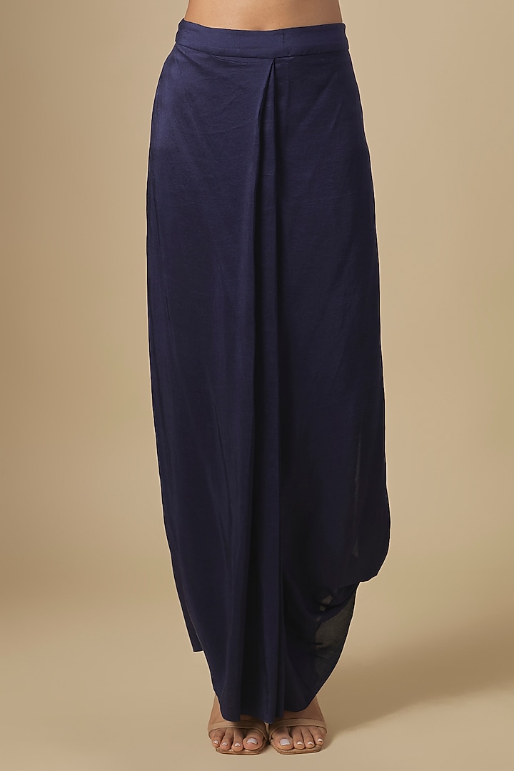 Midnight Blue Silk Thread Embroidered Drape Skirt Set by Prisho at Pernia's Pop Up Shop