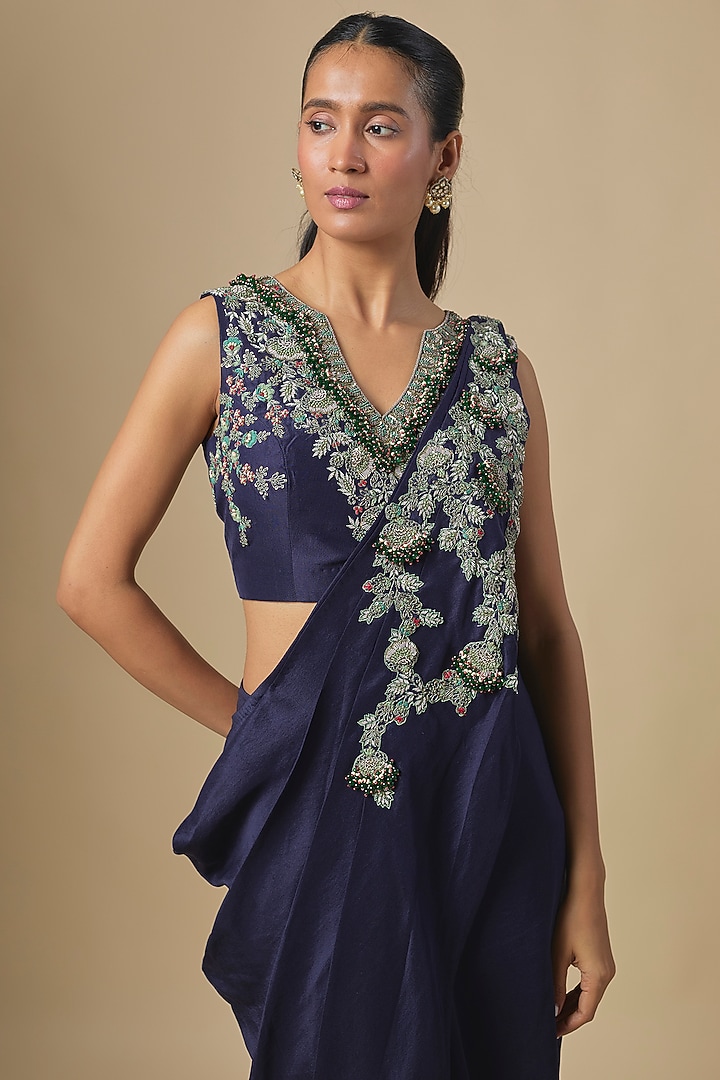 Midnight Blue Silk Thread Embroidered Drape Skirt Set by Prisho at Pernia's Pop Up Shop