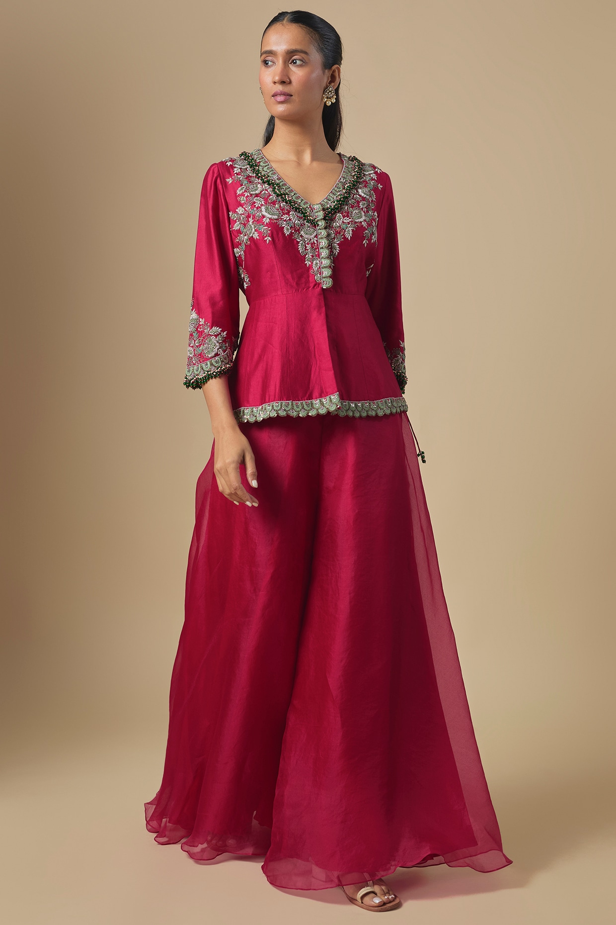 Prisho Cherry Red Chanderi Thread Embroidered Sharara Set