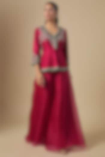 Cherry Red Chanderi Thread Embroidered Wedding Sharara Set by Prisho at Pernia's Pop Up Shop