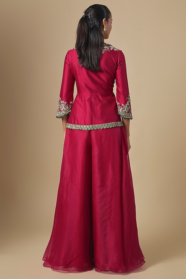 Cherry Red Chanderi Thread Embroidered Wedding Sharara Set by Prisho at Pernia's Pop Up Shop
