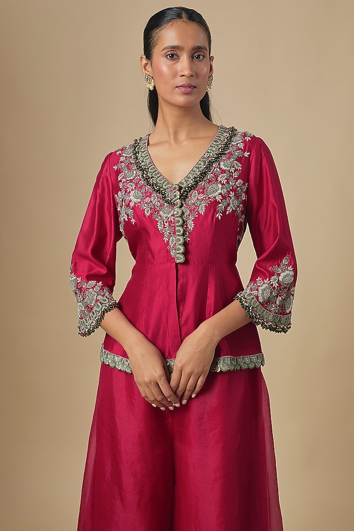 Cherry Red Chanderi Thread Embroidered Wedding Sharara Set by Prisho at Pernia's Pop Up Shop