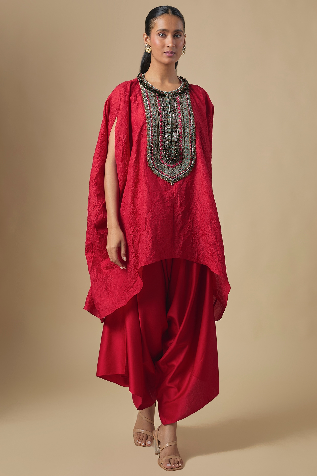 Prisho Red Crushed Silk Dori & Thread Embroidered Kaftan Set