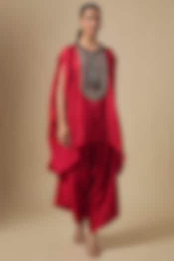 Red Crushed Silk Dori & Thread Embroidered Kaftan Set by Prisho at Pernia's Pop Up Shop