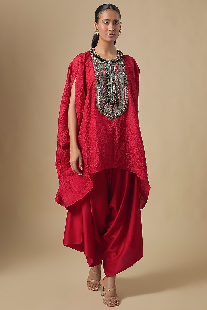 Red Crushed Silk Dori & Thread Embroidered Kaftan Set by Prisho at Pernia's Pop Up Shop