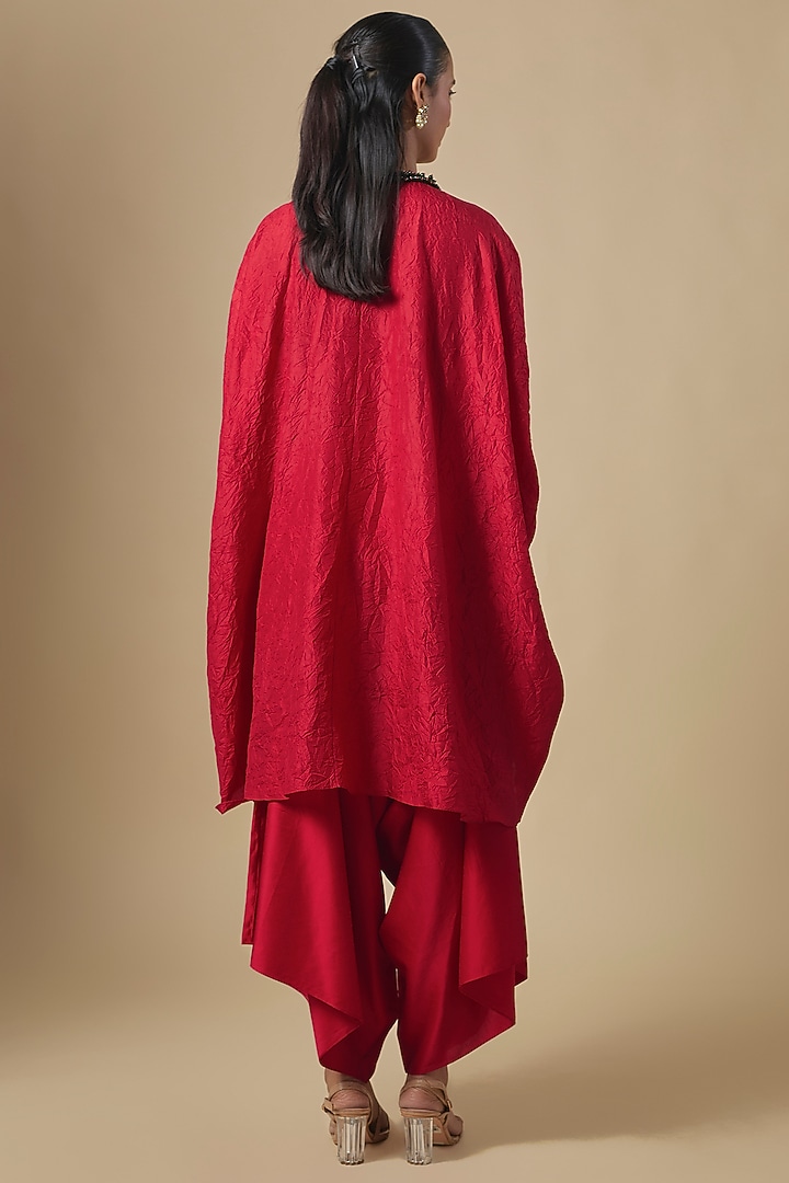 Red Crushed Silk Dori & Thread Embroidered Kaftan Set by Prisho at Pernia's Pop Up Shop