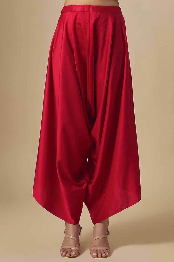 Red Crushed Silk Dori & Thread Embroidered Kaftan Set by Prisho at Pernia's Pop Up Shop