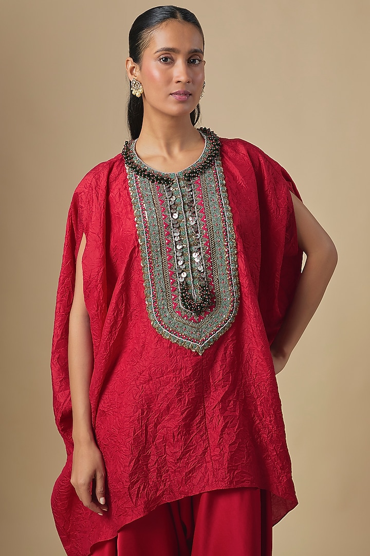 Red Crushed Silk Dori & Thread Embroidered Kaftan Set by Prisho at Pernia's Pop Up Shop