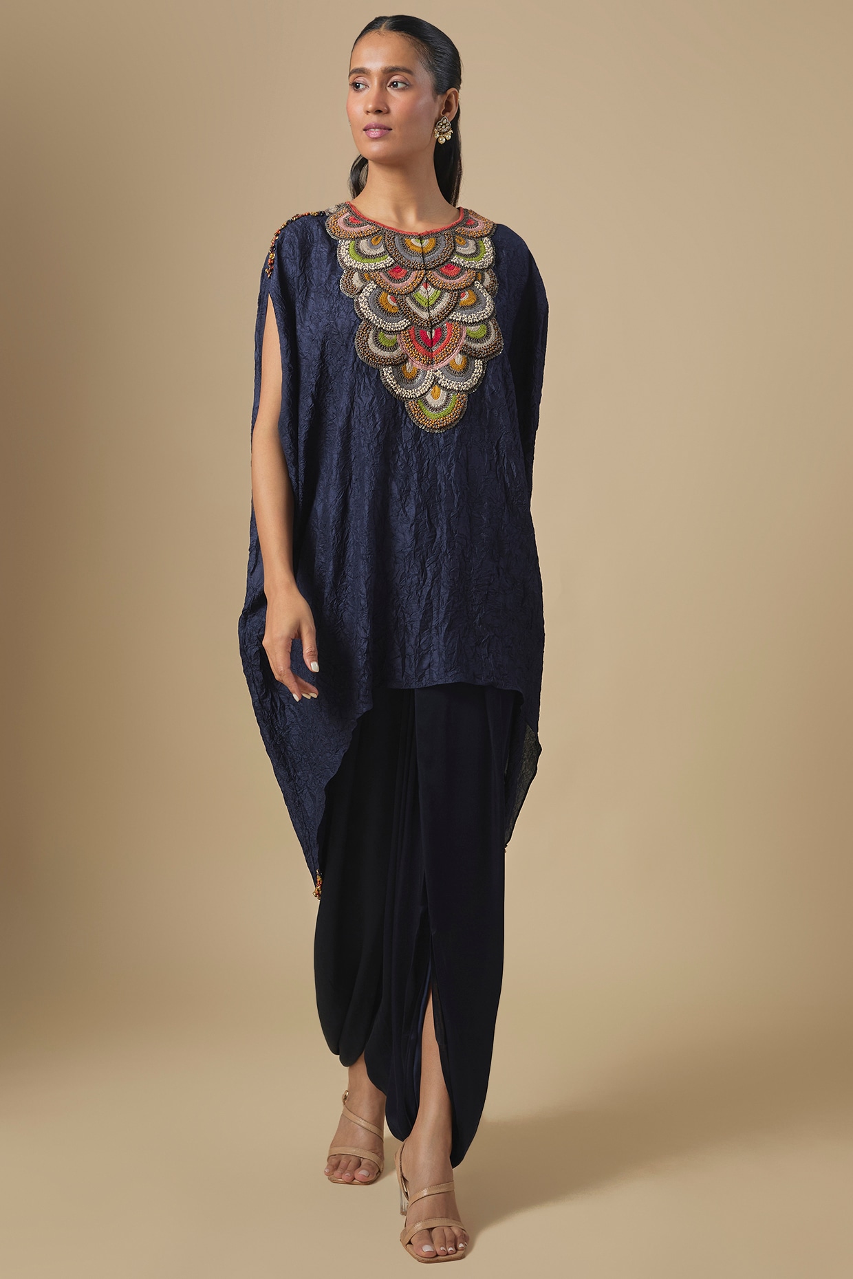 Prisho Blue Crushed Silk Dori & Thread Embroidered Kaftan Set