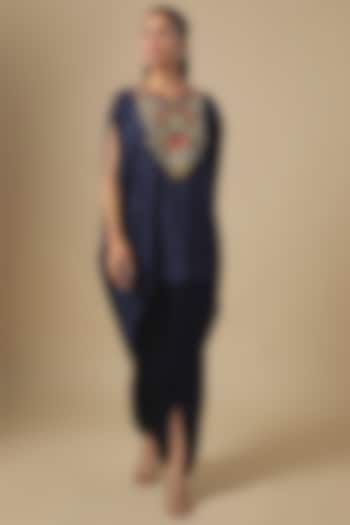Blue Crushed Silk Dori & Thread Embroidered Kaftan Set by Prisho at Pernia's Pop Up Shop