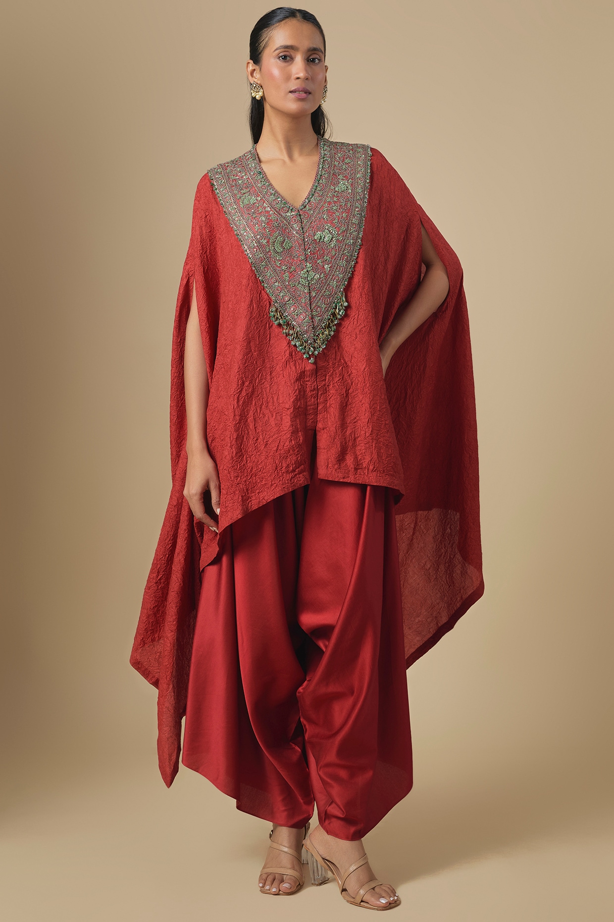 Prisho Deep Orange Crushed Silk Dori & Thread Embroidered Kaftan Set