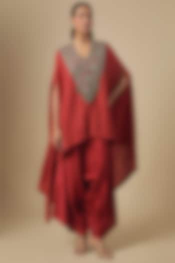 Deep Orange Crushed Silk Dori & Thread Embroidered Kaftan Set by Prisho at Pernia's Pop Up Shop