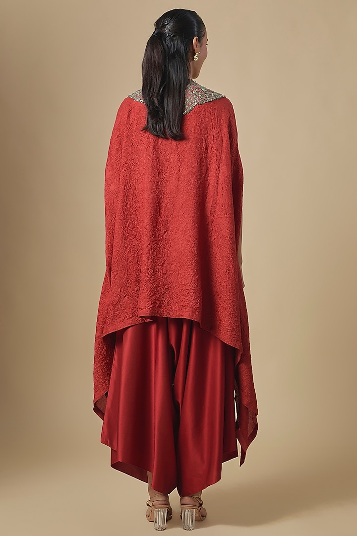 Deep Orange Crushed Silk Dori & Thread Embroidered Kaftan Set by Prisho at Pernia's Pop Up Shop