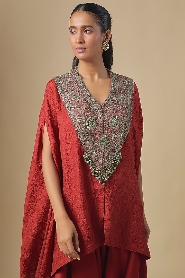 Deep Orange Crushed Silk Dori & Thread Embroidered Kaftan Set by Prisho at Pernia's Pop Up Shop