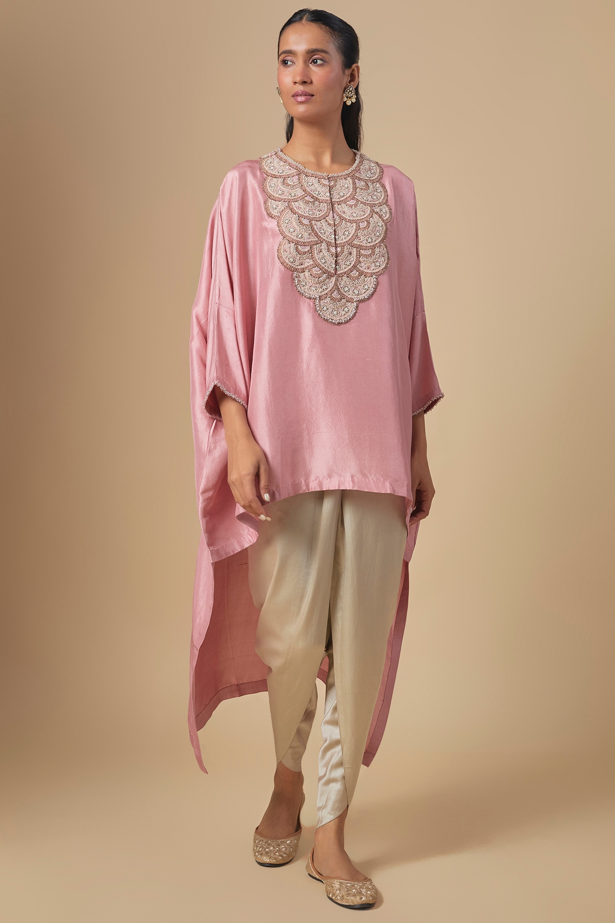 Prisho Dark Flamingo Silk Moti & Resham Embroidered Kaftan Set
