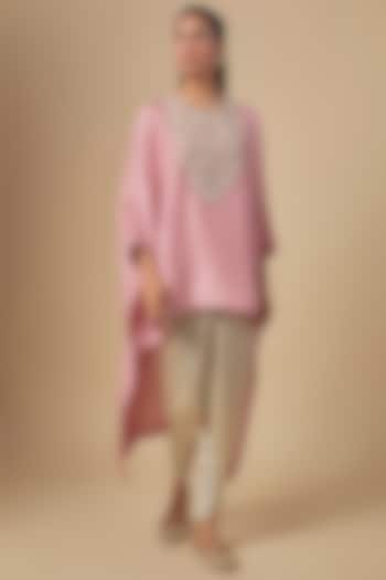 Dark Flamingo Silk Moti & Resham Embroidered Kaftan Set by Prisho at Pernia's Pop Up Shop