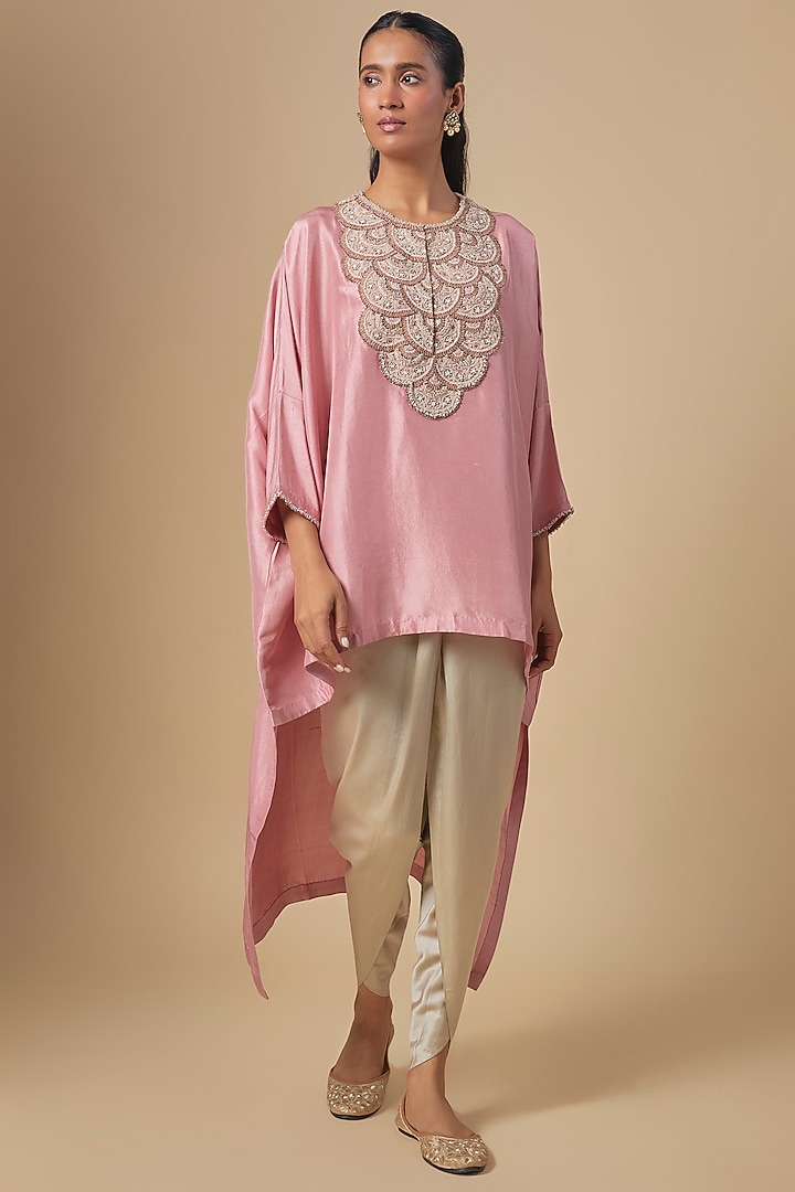 Dark Flamingo Silk Moti & Resham Embroidered Kaftan Set by Prisho at Pernia's Pop Up Shop