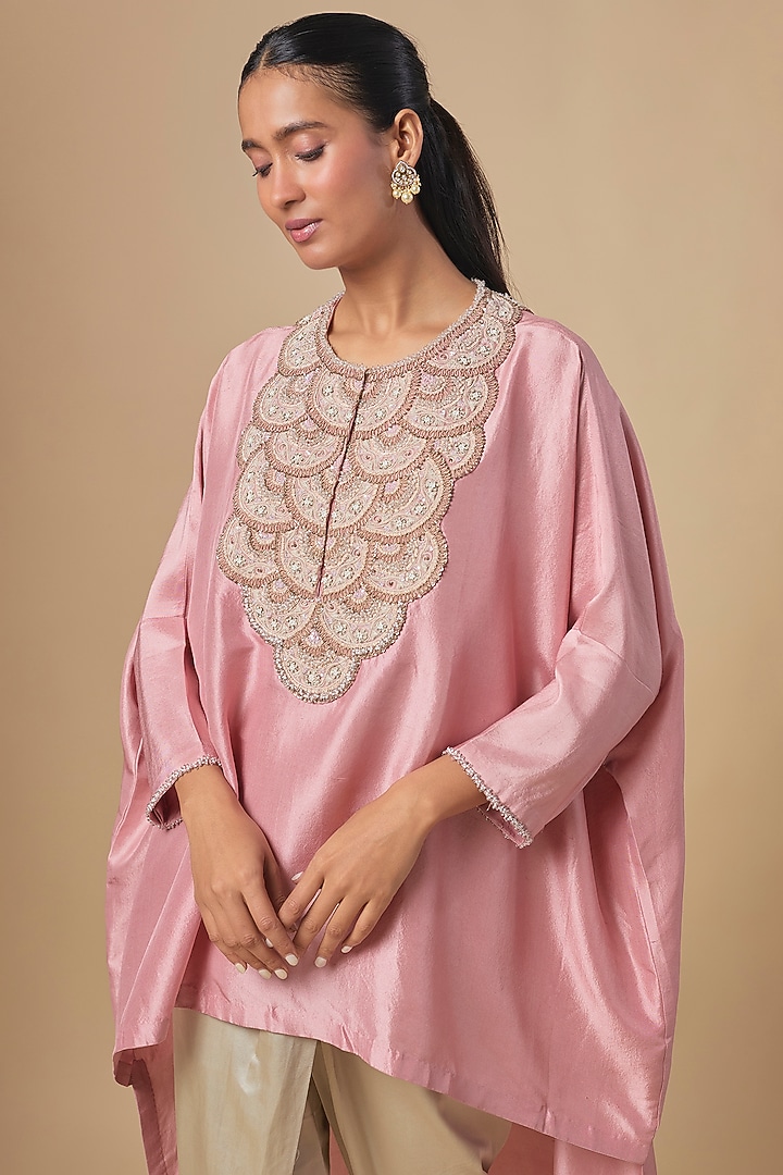 Dark Flamingo Silk Moti & Resham Embroidered Kaftan Set by Prisho at Pernia's Pop Up Shop