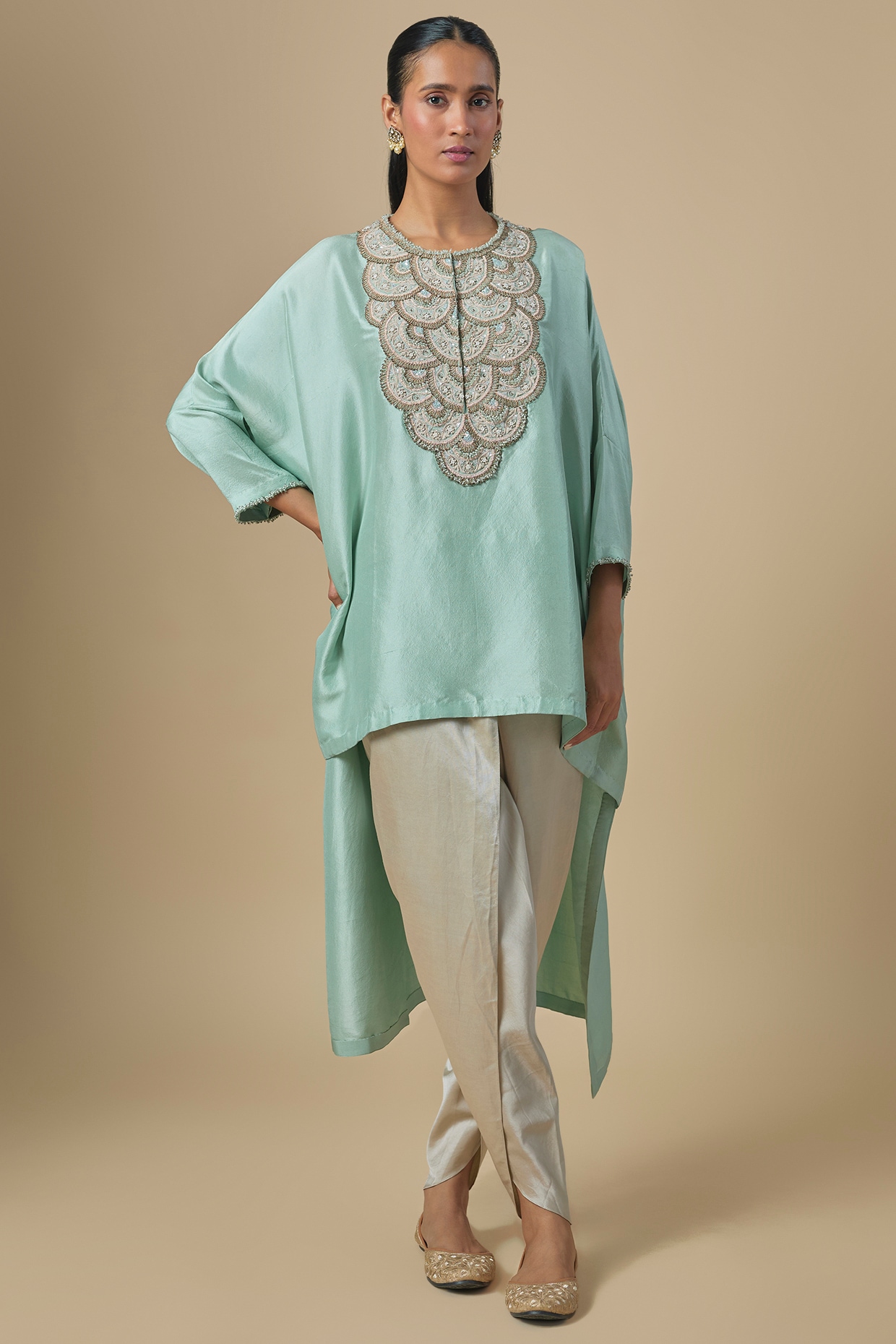 Prisho Aqua Blue Silk Moti & Resham Embroidered Kaftan Set