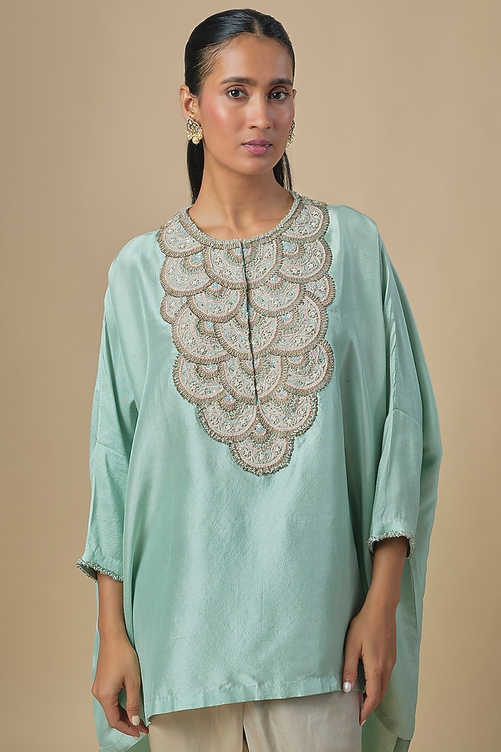 Aqua Blue Silk Moti & Resham Embroidered Kaftan Set by Prisho at Pernia's Pop Up Shop