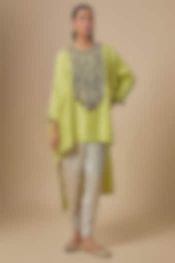 Light Lemon Green Silk Dori Embroidered Kaftan Set by Prisho at Pernia's Pop Up Shop