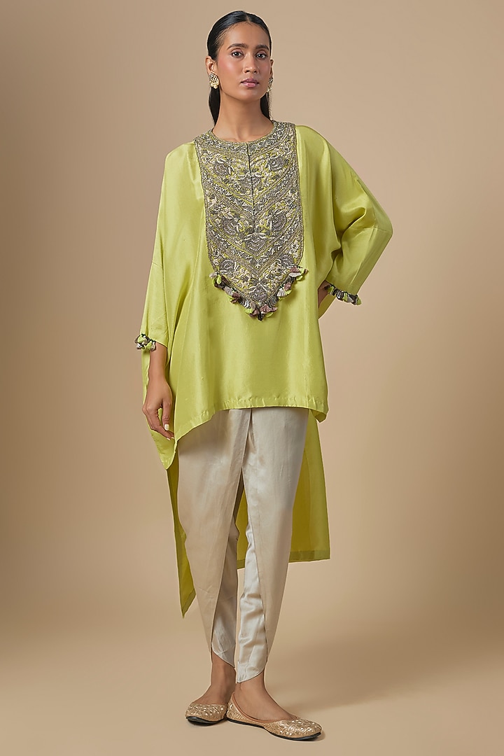Light Lemon Green Silk Dori Embroidered Kaftan Set by Prisho at Pernia's Pop Up Shop