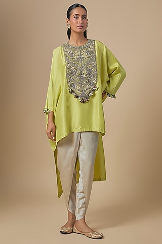 Light Lemon Green Silk Dori Embroidered Kaftan Set by Prisho