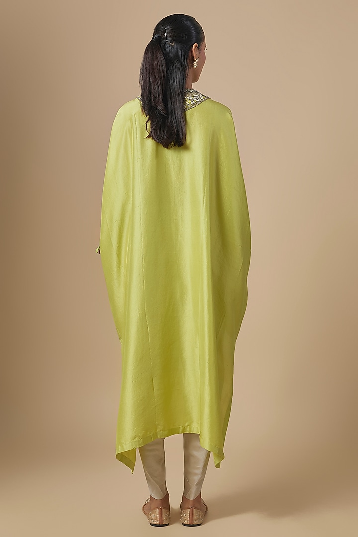 Light Lemon Green Silk Dori Embroidered Kaftan Set by Prisho at Pernia's Pop Up Shop