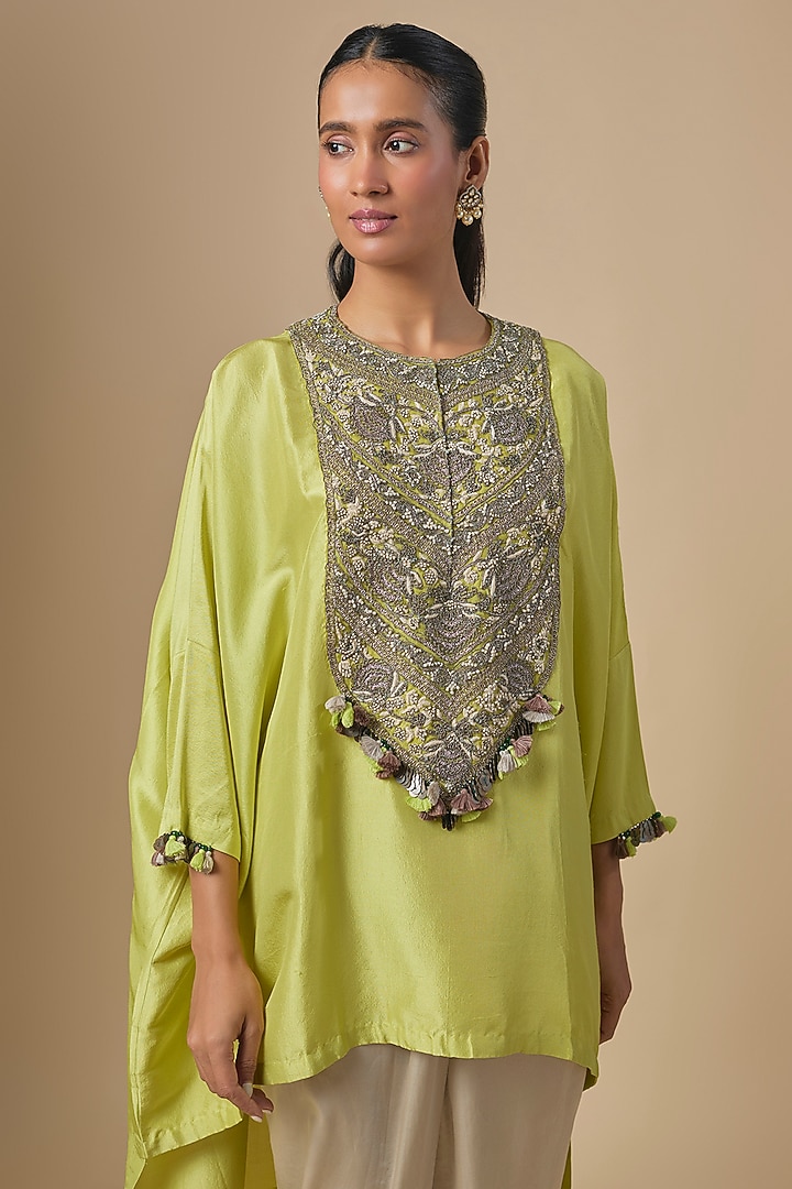 Light Lemon Green Silk Dori Embroidered Kaftan Set by Prisho at Pernia's Pop Up Shop