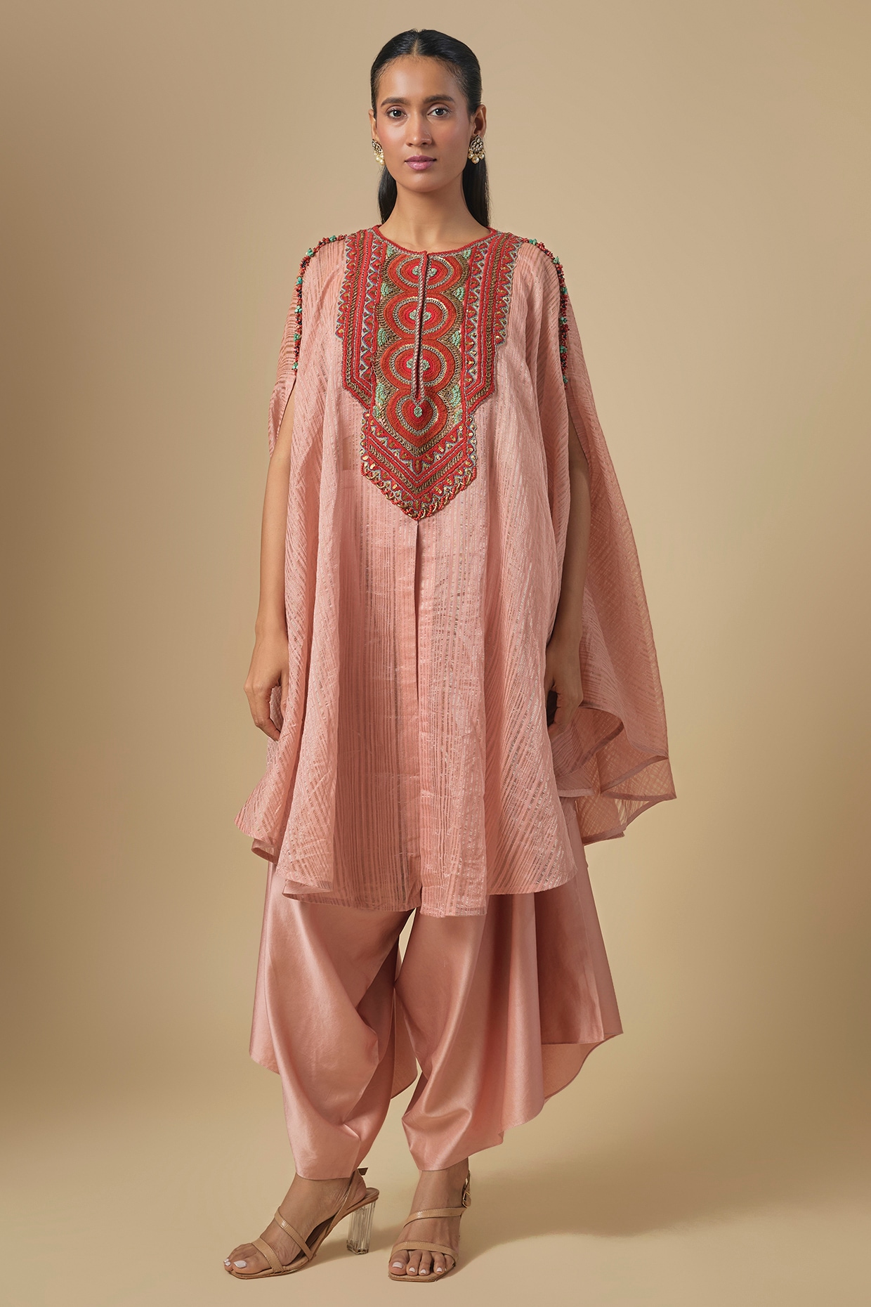 Prisho Peach Tissue Thread Embroidered Kaftan Set