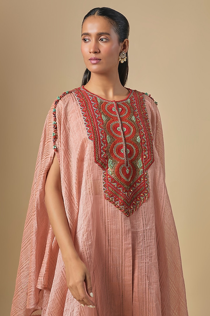 Peach Tissue Thread Embroidered Kaftan Set by Prisho at Pernia's Pop Up Shop