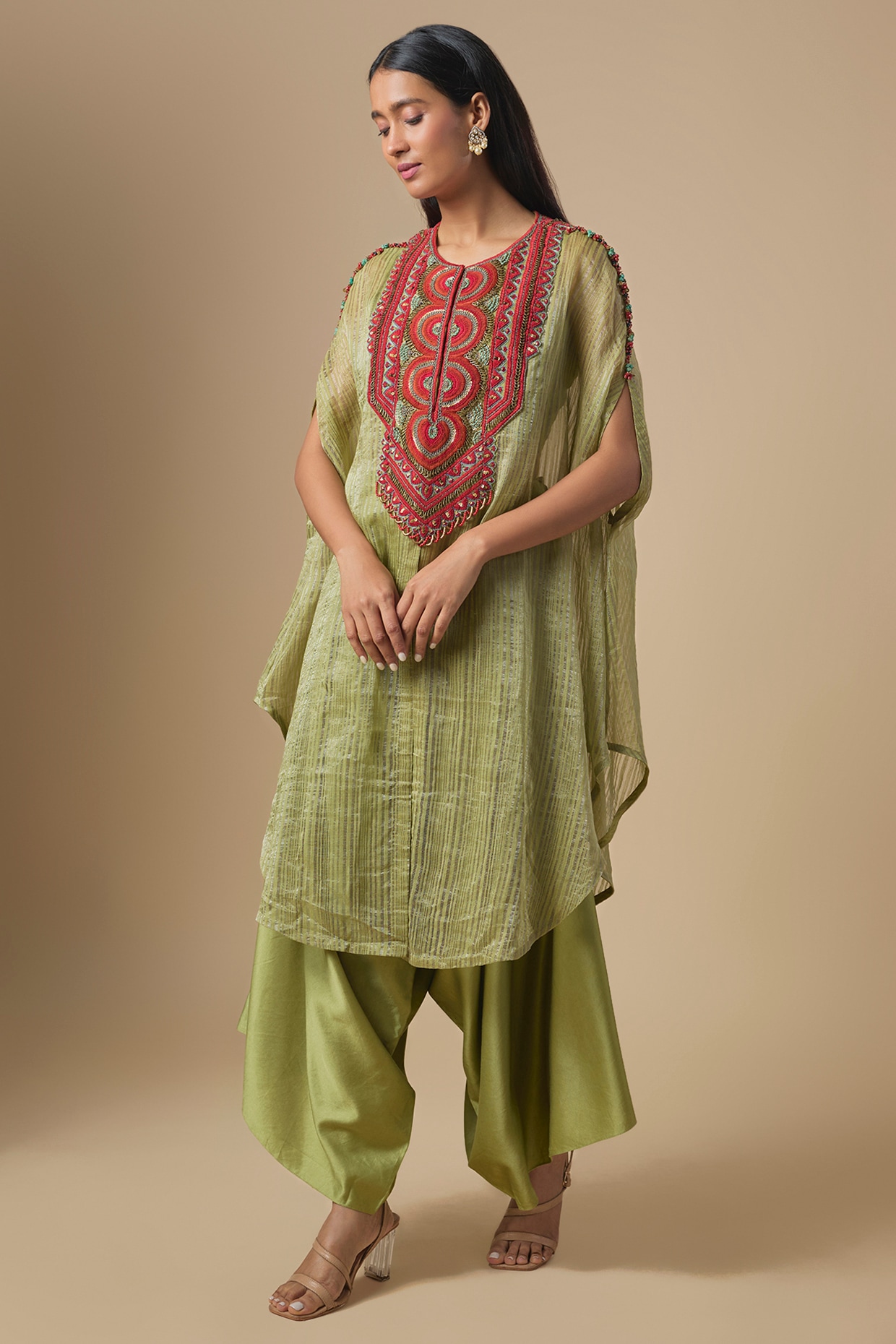 Prisho Sea Green Tissue Thread Embroidered Kaftan Set