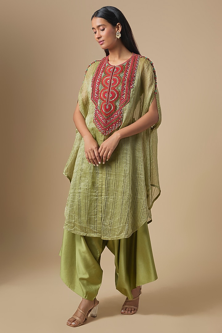 Sea Green Tissue Thread Embroidered Kaftan Set by Prisho at Pernia's Pop Up Shop