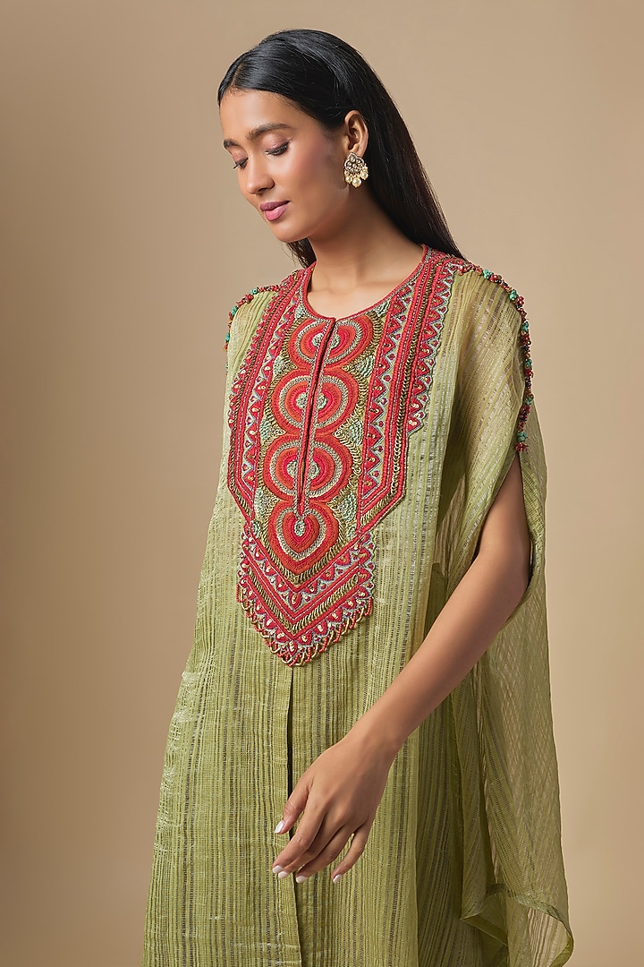 Sea Green Tissue Thread Embroidered Kaftan Set by Prisho at Pernia's Pop Up Shop