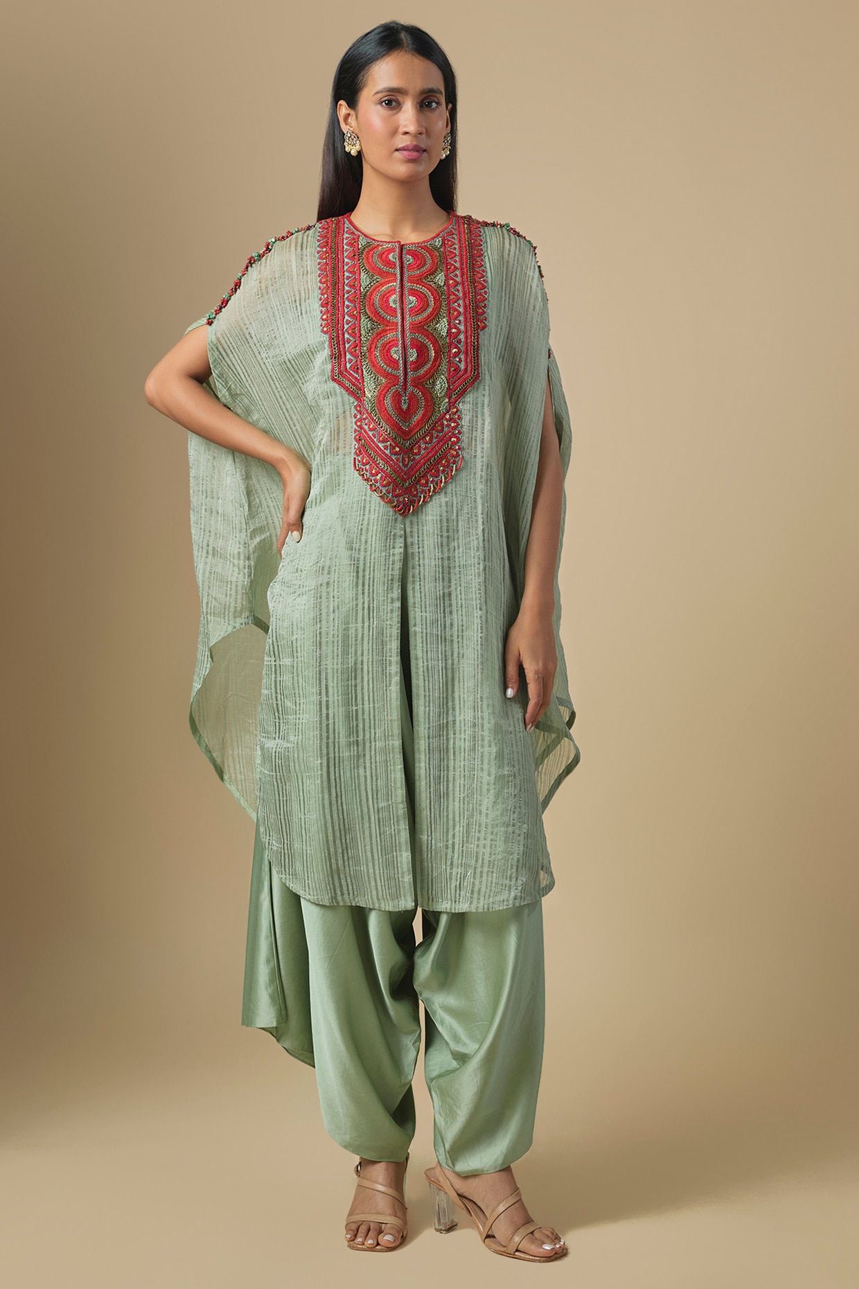 Prisho Aqua Blue Tissue Thread Embroidered Kaftan Set