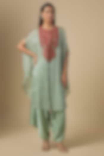 Aqua Blue Tissue Thread Embroidered Kaftan Set by Prisho at Pernia's Pop Up Shop