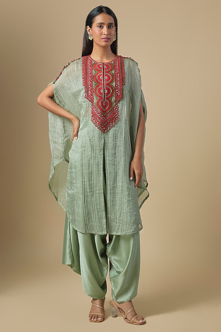 Aqua Blue Tissue Thread Embroidered Kaftan Set by Prisho at Pernia's Pop Up Shop