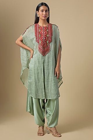 Aqua Blue Tissue Thread Embroidered Kaftan Set by Prisho