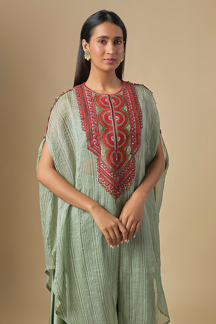 Aqua Blue Tissue Thread Embroidered Kaftan Set by Prisho at Pernia's Pop Up Shop