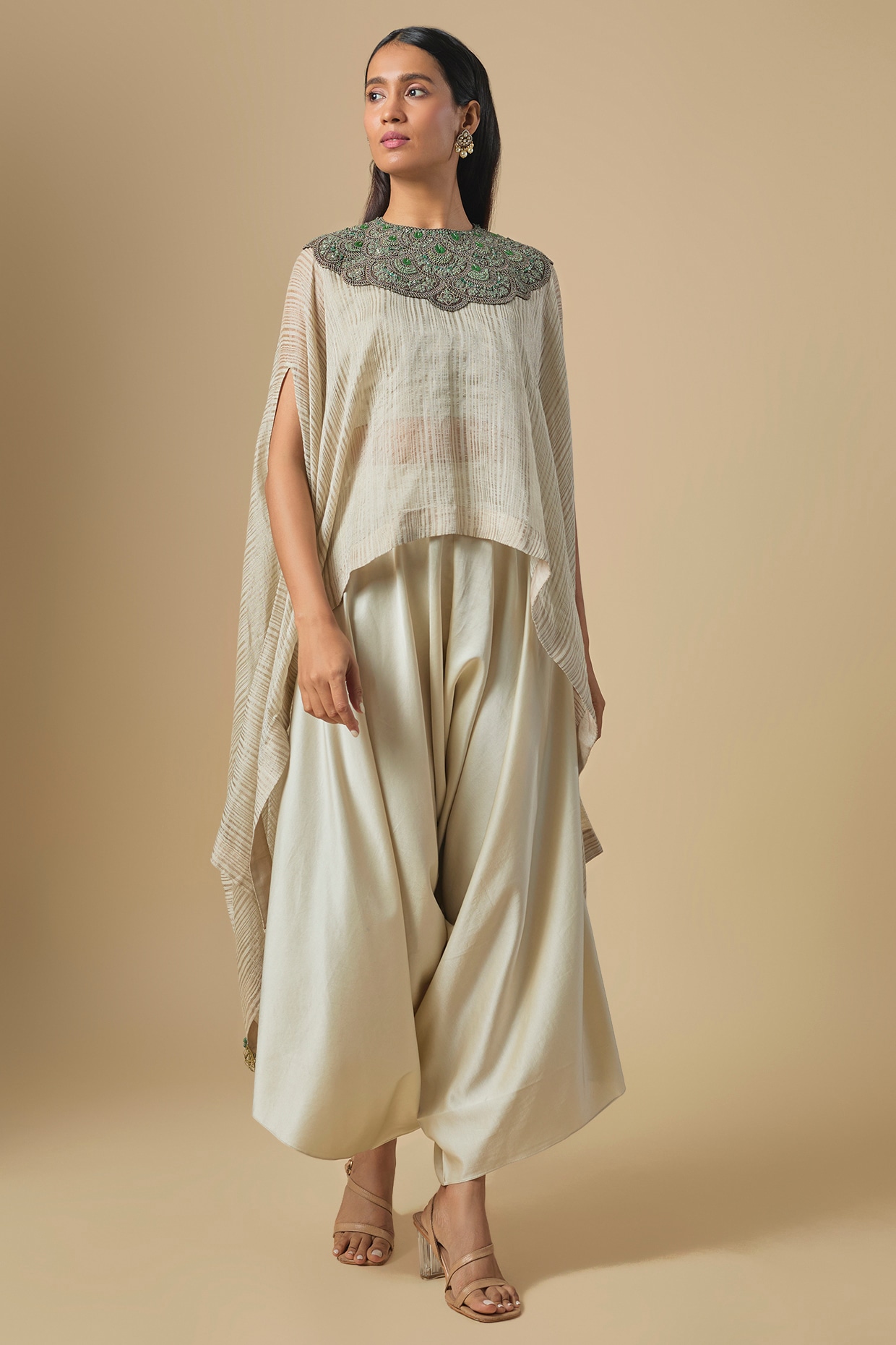 Prisho Ivory Tissue Green Thread Embroidered Kaftan Set