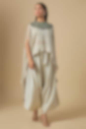 Ivory Tissue Green Thread Embroidered Kaftan Set by Prisho at Pernia's Pop Up Shop