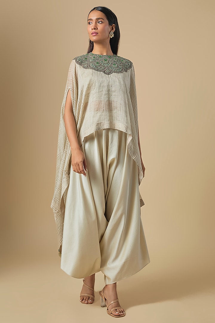 Ivory Tissue Green Thread Embroidered Kaftan Set by Prisho at Pernia's Pop Up Shop